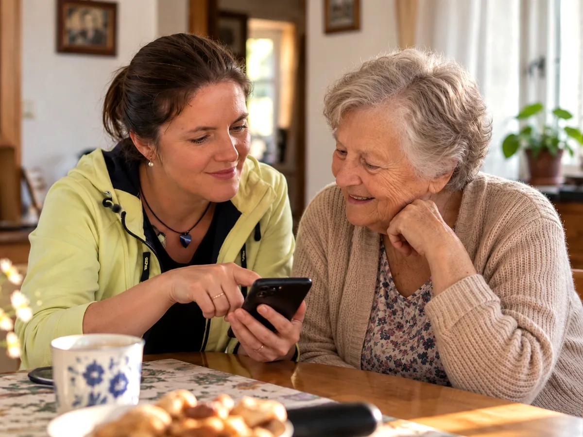 Mladší žena ukazuje seniorce obsah na mobilním telefonu